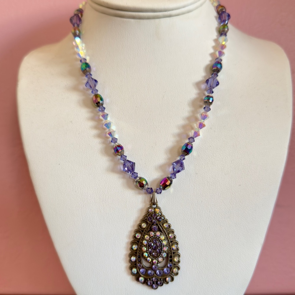 Purple Iridescent Beaded Statement Necklace Teardrop Rhinestone Pendant